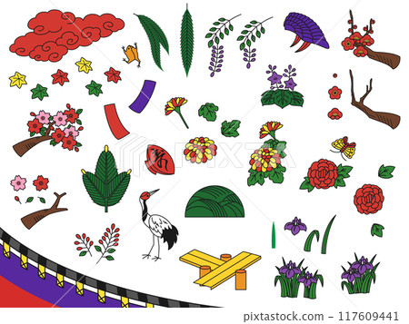 Illustration set of flowers and roles for each month of Hanafuda 117609441