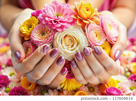 female hands with many flowers. spring colorful photo 117609619