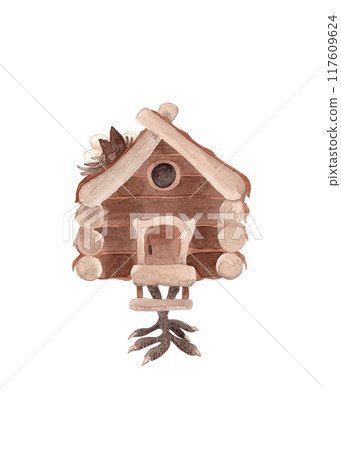 Hut on chicken legs. Fairytale house of Baba Yaga. Good witch. Watercolor isolated illustrations for Halloween Hut on chicken legs. Fairytale house of Baba Yaga. Good witch. Watercolor isolated illustrations for Halloween 117609624