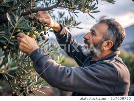 A man is carefully picking delicious olives from an olive tree 117609730