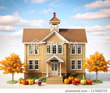 A school building model with pumpkins and trees in front 117609735