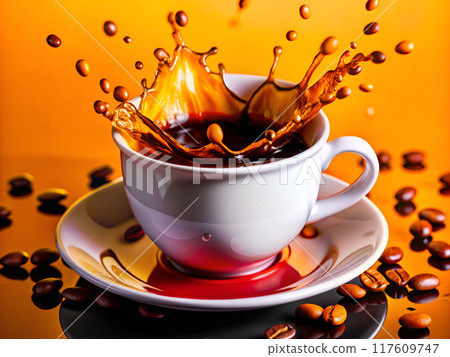 A cup of coffee splashing on a saucer, surrounded by beans A cup of coffee splashing on a saucer, surrounded by beans 117609747