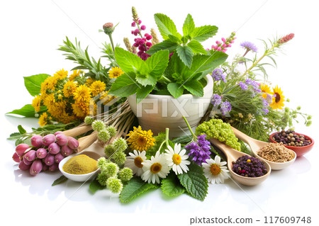 A mortar and pestle filled with herbs and flowers on a table A mortar and pestle filled with herbs and flowers on a table 117609748