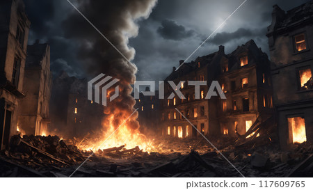 Urban battlefield scene with burning building ruins and debris of destroyed after WWII bombing abandoned city on empty street at night. With no people illustration on war assault and disaster theme. 117609765