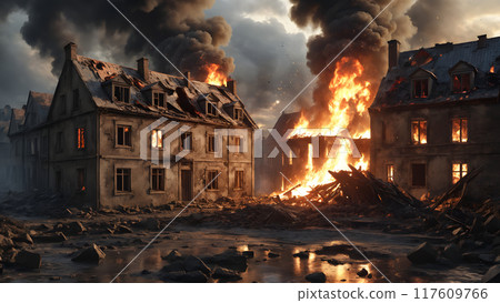 Destroyed after World War bombing old european city with burning building ruins on abandoned empty street at night. With no people historical 3D illustration on war assault and disaster theme. 117609766