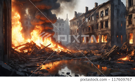 Urban battlefield scene with burning building ruins of destroyed after World War bombing city on empty street at night. With no people historic 3D illustration on war assault and disaster theme. 117609767