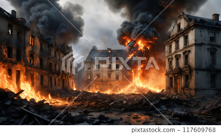 Burning building ruins and debris of abandoned old city destroyed after the World War 2 bombing on empty street at night. With no people historic 3D illustration on war assault and calamity theme. 117609768