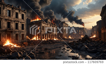 Urban battlefield scene with burning historic building ruins of destroyed after WWII bombing european city on empty street at dusk. With no people 3D illustration on war assault and calamity theme. 117609769