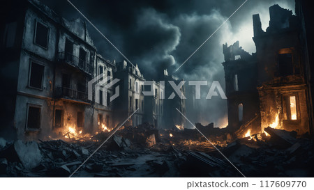 Destroyed after World War bombing attack old european city with burning historical building on abandoned empty street at night. With no people 3D illustration on war assault and disaster theme. 117609770