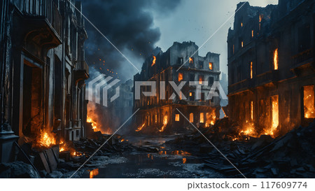 Destroyed after World War bombing attack european city with burning historic building ruins on abandoned empty street at night. With no people 3D illustration on war assault and disaster theme. 117609774