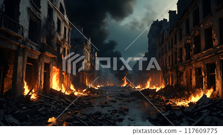 Ruined after the bombing of World War 2 old european city with burning building ruins along empty street at dark night. With no people historical 3D illustration on war assault and calamity theme. 117609775