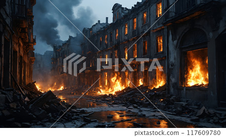 Urban battlefield scene with burning building ruins of destroyed after World War bombing city on empty street at night. With no people historic 3D illustration on war assault and calamity theme. 117609780