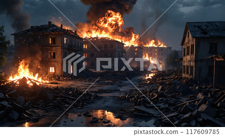 Destroyed after the bombing of WWII old ruined city with burning building ruins and debris on empty street at night. With no people historic 3D illustration on war assault and calamity theme. 117609785