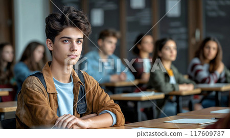 Attentive Teenage Boy in Classroom During Lecture 117609787