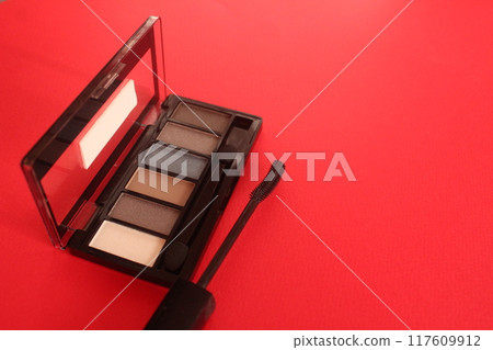 Eye Makeup Eye Shadow And Mascara On Red Background With Space For Text Copyspace Eye Makeup Eye Shadow And Mascara On Red Background With Space For Text Copyspace 117609912