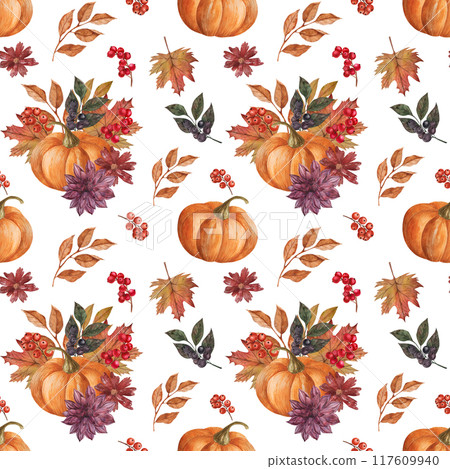 Watercolor autumn seamless pattern with pumpkins, Dahlia, red berries, leaves and mushrooms. Hand painted rustic print. floral illustration for Harvest party 117609940