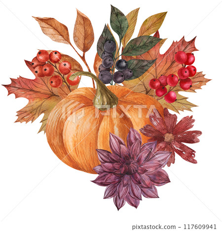 Watercolor autumn composition with separate elements pumpkins, Dahlia, red berries, leaves and mushrooms. Hand painted rustic isolated floral illustration for Harvest party Watercolor autumn composition with separate elements pumpkins, Dahlia, red berries, leaves and mushrooms. Hand painted rustic isolated floral illustration for Harvest party 117609941