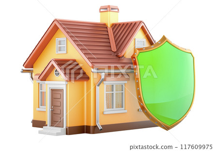 House with shield. Security and protection, concept. 3D rendering 117609975