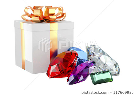 Gift box with colorful gemstones, 3D rendering Gift box with colorful gemstones, 3D rendering 117609983
