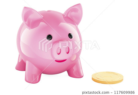 Piggy Bank with one coin. Money saving, concept. 3D rendering Piggy Bank with one coin. Money saving, concept. 3D rendering 117609986