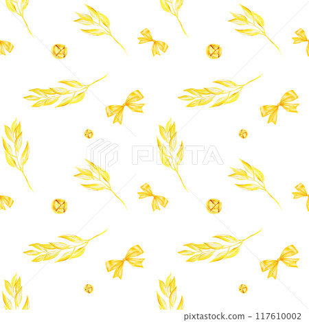 Golden jingle bells, bow-knots, branches,. Watercolor hand drawn seamless pattern with Christmas elements. Winter symbols for holiday season prints, packing, textile, packing paper, fabric, background 117610002