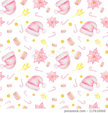 Pink poinsettia, Santa Claus hat, New Year's candy canes, macarons and gold bells. Watercolor hand drawn seamless pattern with Christmas sweets. Winter symbols for holiday season prints, packing 117610008