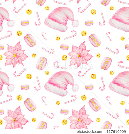 Pink poinsettia, Santa Claus hat, New Year's candy canes, macarons and gold bells. Watercolor hand drawn seamless pattern with Christmas sweets. Winter symbols for holiday season prints, packing 117610009