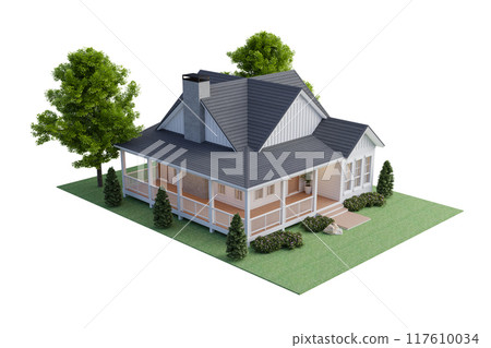 Aerial view of modern style small cottage house on the green lawn isolated on white background 3d render Aerial view of modern style small cottage house on the green lawn isolated on white background 3d render 117610034