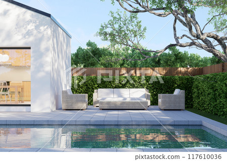 Modern style white house with concrete tile swimming pool terrace 3d render Modern style white house with concrete tile swimming pool terrace 3d render 117610036