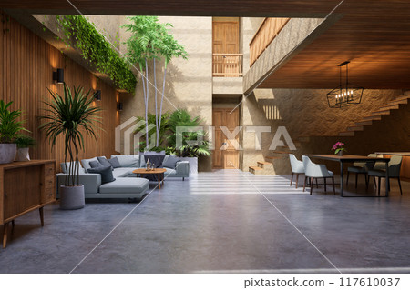 Modern contemporary loft style rustic room interior 3d render Modern contemporary loft style rustic room interior 3d render 117610037