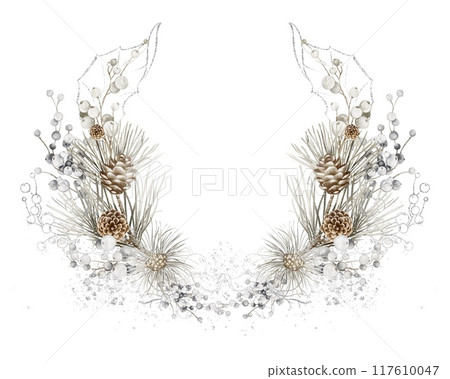 Christmas Watercolor wreath of spruce, cones and white berries. Charme Xmas white snowy chaplet isolated on white background. Winter holidays design greeting card, poster, template. Space for text. Christmas Watercolor wreath of spruce, cones and white berries. Charme Xmas white snowy chaplet isolated on white background. Winter holidays design greeting card, poster, template. Space for text. 117610047