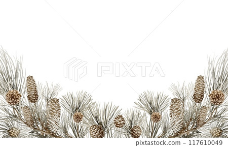 Christmas Watercolor Horizontal Spruce Frame. Pine branches and cones Xmas frame. Border of Green pine twigs, pinecones on white background. Space for text. New Year holiday design for cards. 117610049