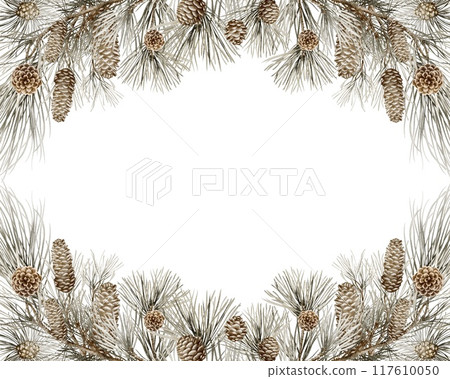 Christmas Watercolor Horizontal Spruce Frame. Pine branches and cones Xmas frame. Border of Green pine twigs, pinecones on white background. Space for text. New Year holiday design for cards. Christmas Watercolor Horizontal Spruce Frame. Pine branches and cones Xmas frame. Border of Green pine twigs, pinecones on white background. Space for text. New Year holiday design for cards. 117610050