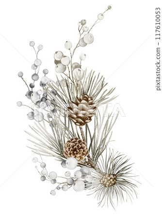 Watercolor Christmas spruce branch with berries and cones. Xmas bouquet isolated on white background. Snowy pine branches, pinecone. Winter holiday decoration hand-drawn for design cards, invitation. Watercolor Christmas spruce branch with berries and cones. Xmas bouquet isolated on white background. Snowy pine branches, pinecone. Winter holiday decoration hand-drawn for design cards, invitation. 117610053