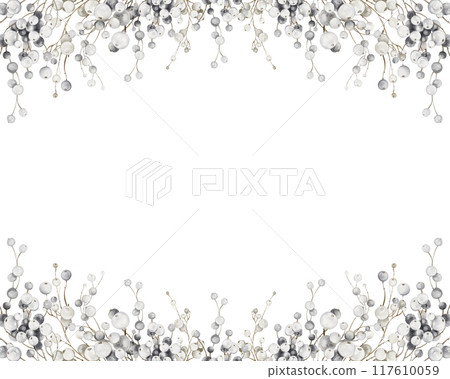 Watercolor Christmas horizontal frame of white berries. Hand painted holiday card of wild berry isolated on white background. Space for text. New Year sample Border design for cards and packages. Watercolor Christmas horizontal frame of white berries. Hand painted holiday card of wild berry isolated on white background. Space for text. New Year sample Border design for cards and packages. 117610059