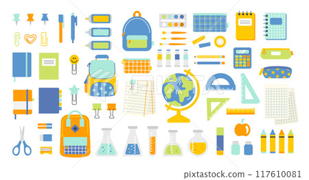 School supplies cute cartoon flat set. Back to school. Office and art supplies isolated on white background. Vector illustration 117610081