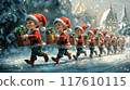 Cheerful Elves Carrying Gifts in a Snowy Winter Wonderland 117610115
