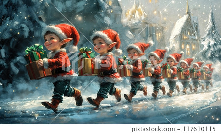 Cheerful Elves Carrying Gifts in a Snowy Winter Wonderland 117610115