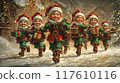 Festive Elves Marching with Gifts Through a Snowy Landscape 117610116