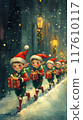 Festive Elves Marching with Gifts Through a Snowy Landscape 117610117