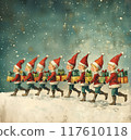 Christmas Elves in a Snowy March Carrying Holiday Gifts 117610118