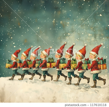 Christmas Elves in a Snowy March Carrying Holiday Gifts 117610118