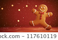 Gingerbread Man Cookie with Festive Bokeh on Red Background 117610119