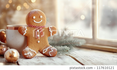 Gingerbread Man Cookie with Hot Chocolate in a Festive Setting 117610121