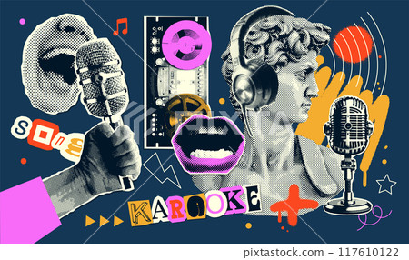 Pop art halftone collage with antique statue in headphones and grunge singer paper elements. Retro composition. Club party poster, podcast, magazine. Y2K, 80s, 90s style. Psychedelic, surreal art. 117610122