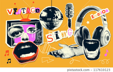 Cool grunge set of halftone collage elements on the theme of singing, vintage music TV. Headphones, mirror ball and open lips. Trendy vector illustration 117610123