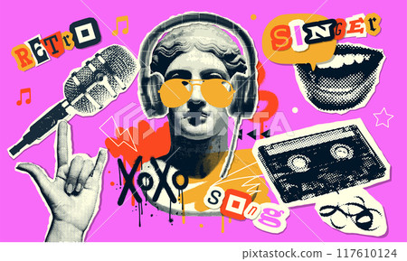 Vintage music halftone collage set with audio cassette vintage microphone, singing mouth, antique statue. Retro paper collage cut-out elements. Vector illustration. 117610124