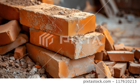 Pile of orange bricks at a construction site. 117610213