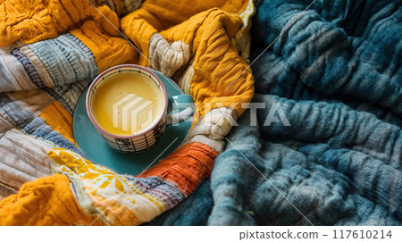 Warm coffee on a cozy, colorful quilt. Warm coffee on a cozy, colorful quilt. 117610214