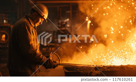 Foundry worker amidst fiery molten metal. 117610261